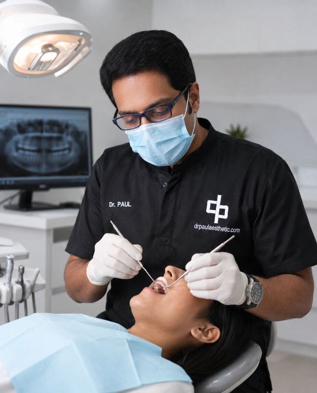 Dr. George Paul examining a patient’s teeth in a modern dental surgery